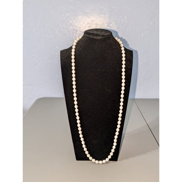 Vintage Milk Glass Beaded Necklace With Sparkle White Separator Beads & Barrel C